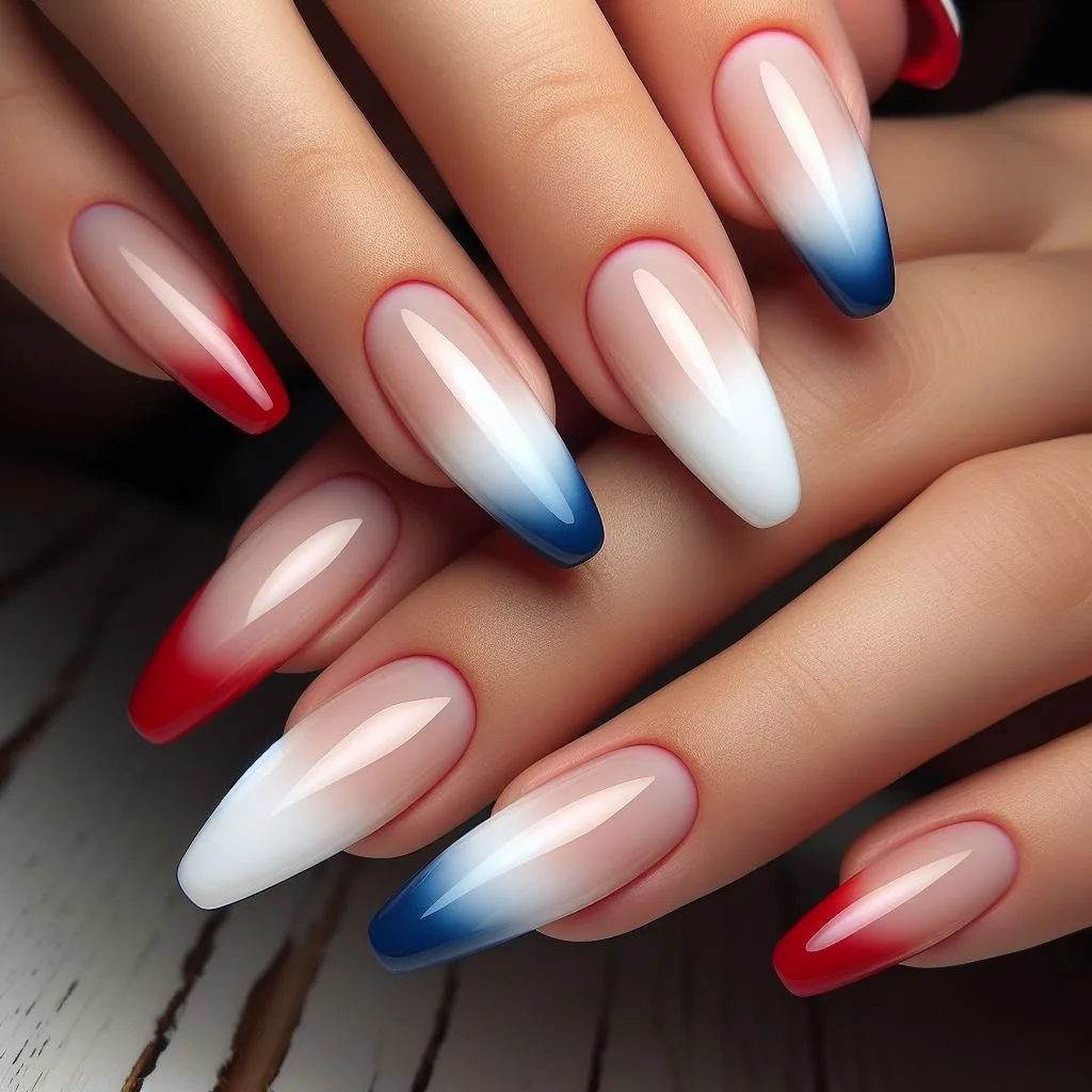 4th of july nails 2026 + Soft Ombre Almond Tips in Red White and Navy