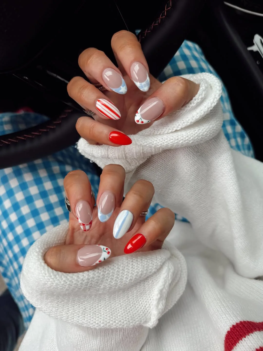 4th of july nails 2026 + Gingham French Tips with Cherry Red Summer Accents