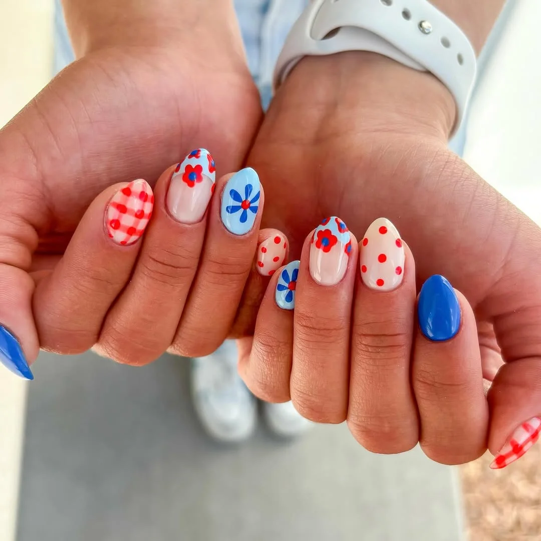 4th of july nails 2026 + Retro Picnic Florals in Red White and Blue