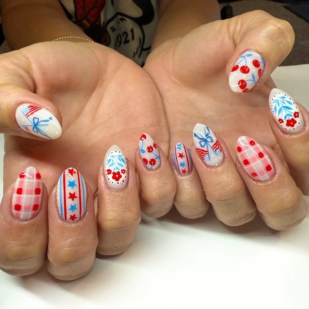 4th of july nails 2026 + Cherry Picnic Patchwork Nails with Soft Americana Charm
