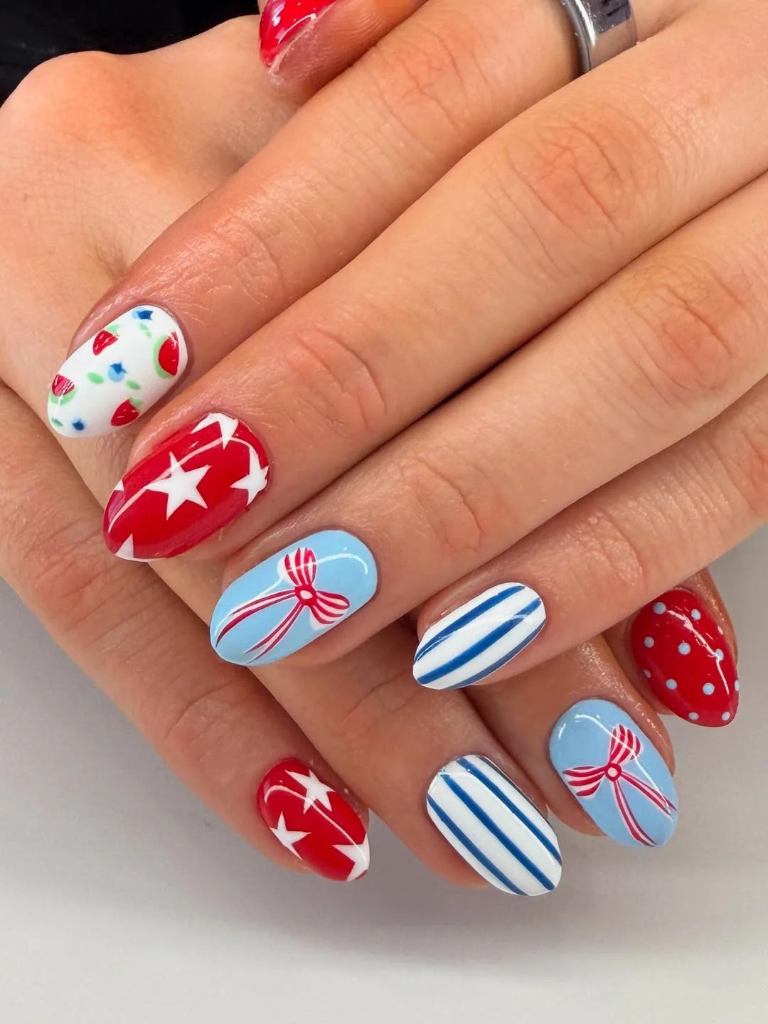 4th of july nails 2026 + Short Patriotic Nails with Bows Stripes and Sweet Star Accents