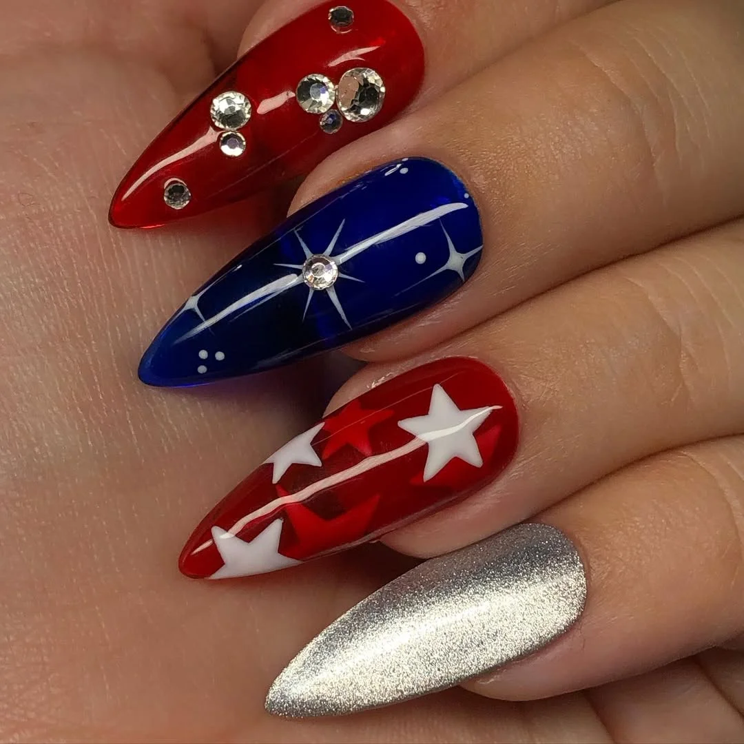 4th of july nails 2026 + Glam Starburst Nails with Rhinestones and Metallic Shine