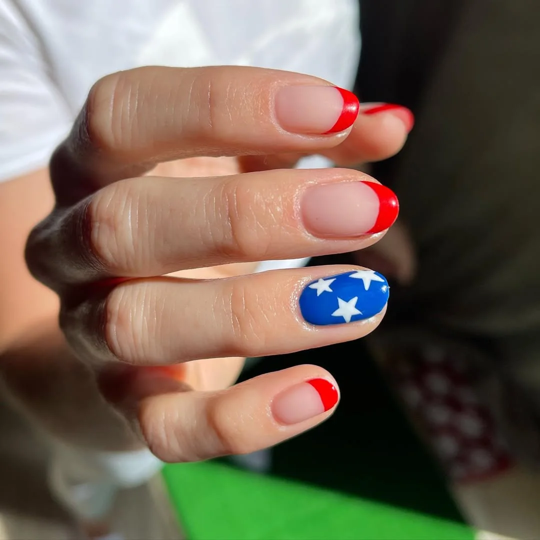 4th of july nails 2026 + Short Star Accent Nails with Tiny Red French Tips