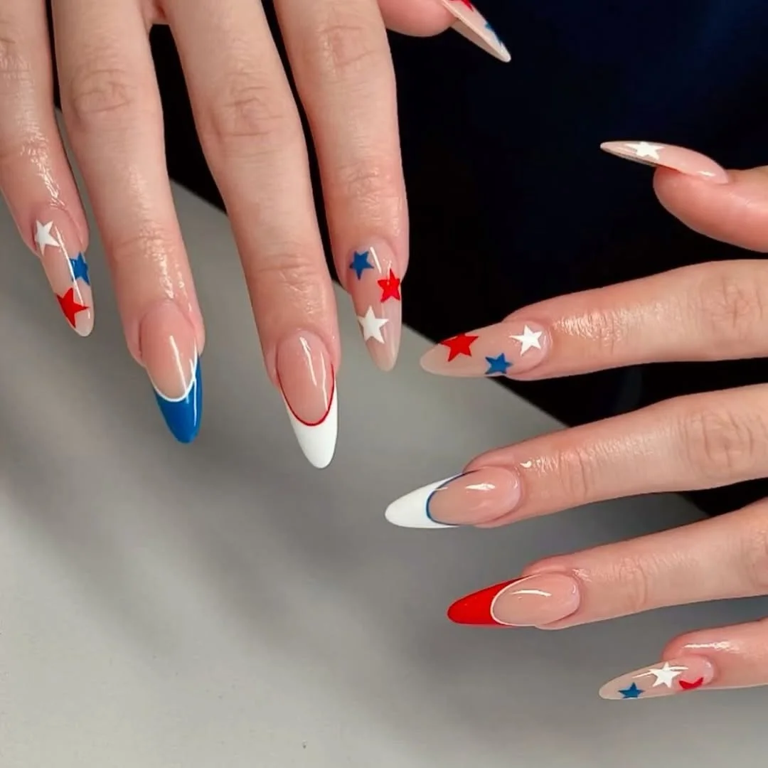 4th of july nails 2026 + Almond Star Nails with Patriotic French Tip Edges