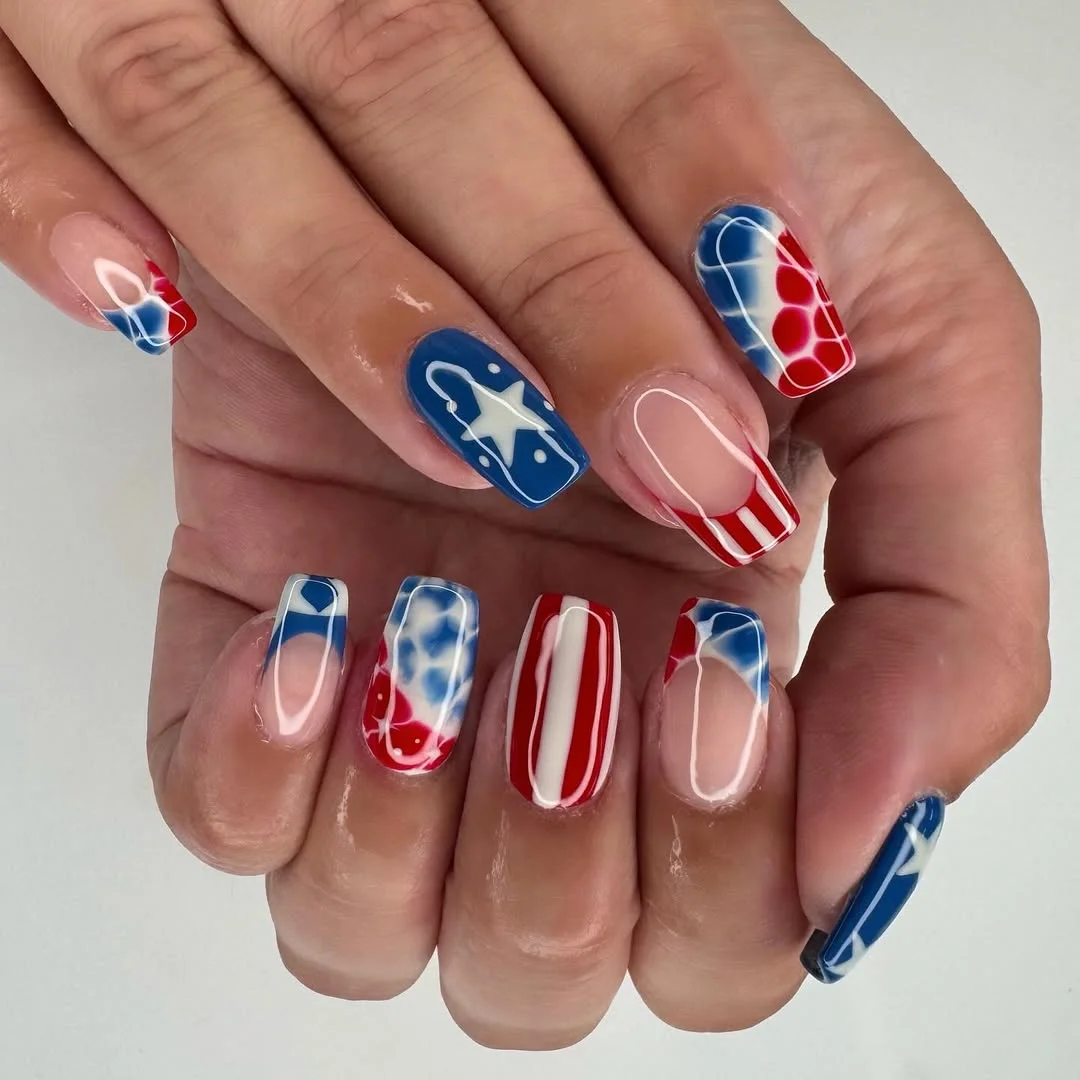 4th of july nails 2026 + Graphic Square Nails with Stars Stripes and Fluid Color