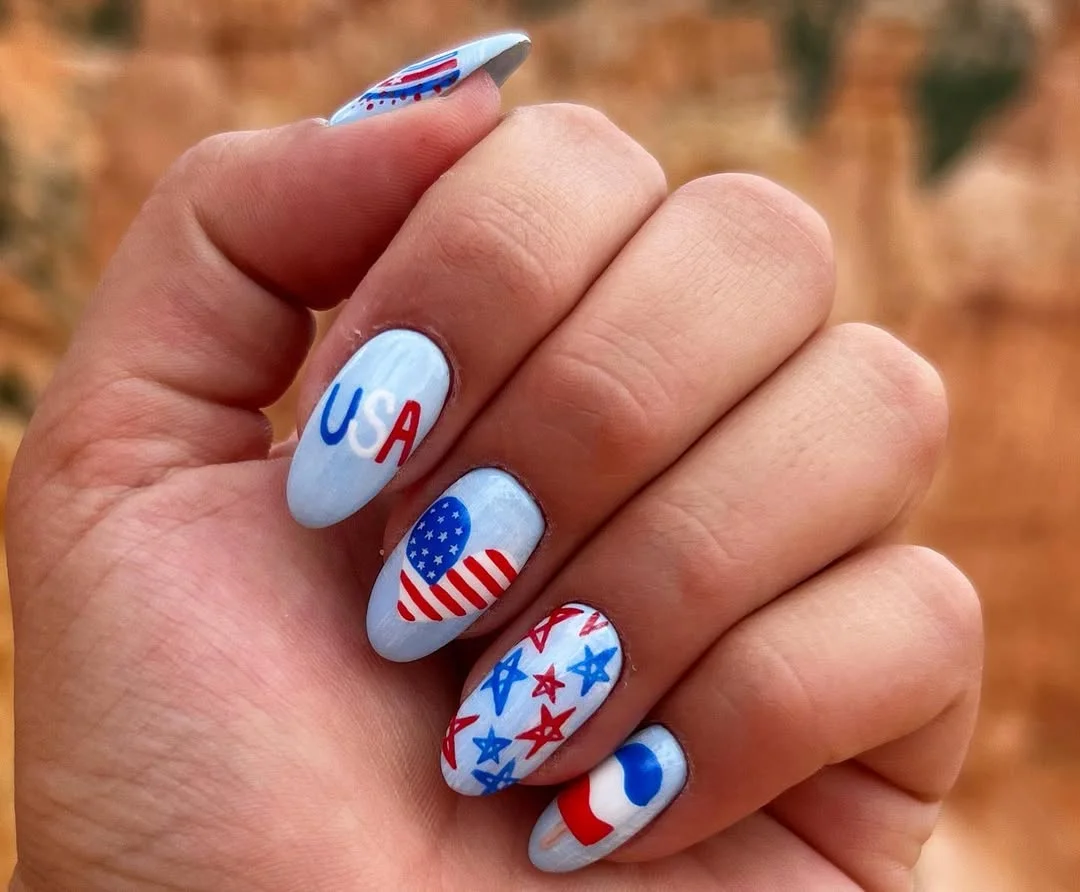 4th of july nails 2026 + Powder Blue Americana Nails with USA Art