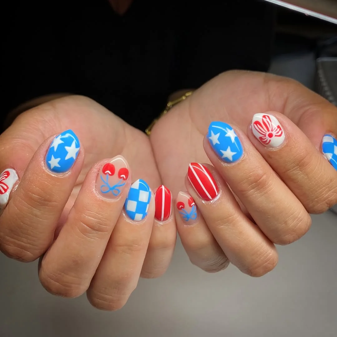 4th of july nails 2026 + Playful Short Nails with Cherries Checks and Summer Stars