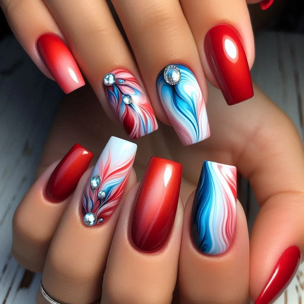 4th of july nails 2026 + Ruby Chrome Coffin Nails with Flowing Marble Accents