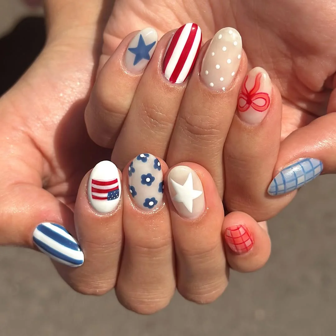 4th of july nails 2026 + Soft Americana Patchwork Nails with Bows and Florals