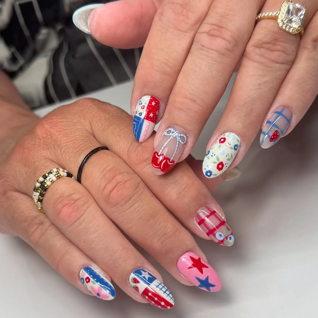 4th of july nails 2026 + Cherry Picnic Almond Nails with Colorful Star Details