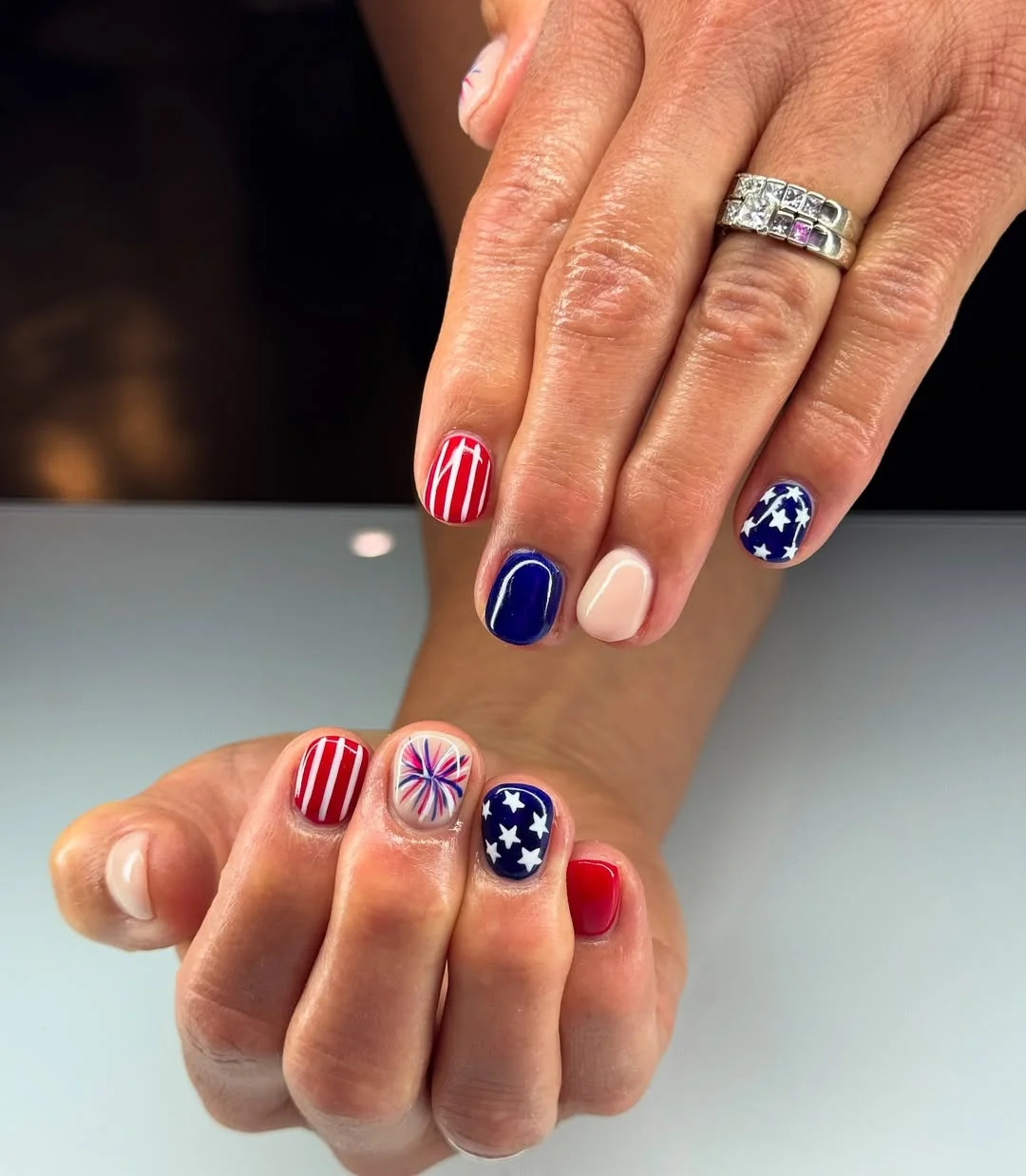 4th of july nails 2026 + Short Patriotic Nails with Stripes Stars and a Firework Accent