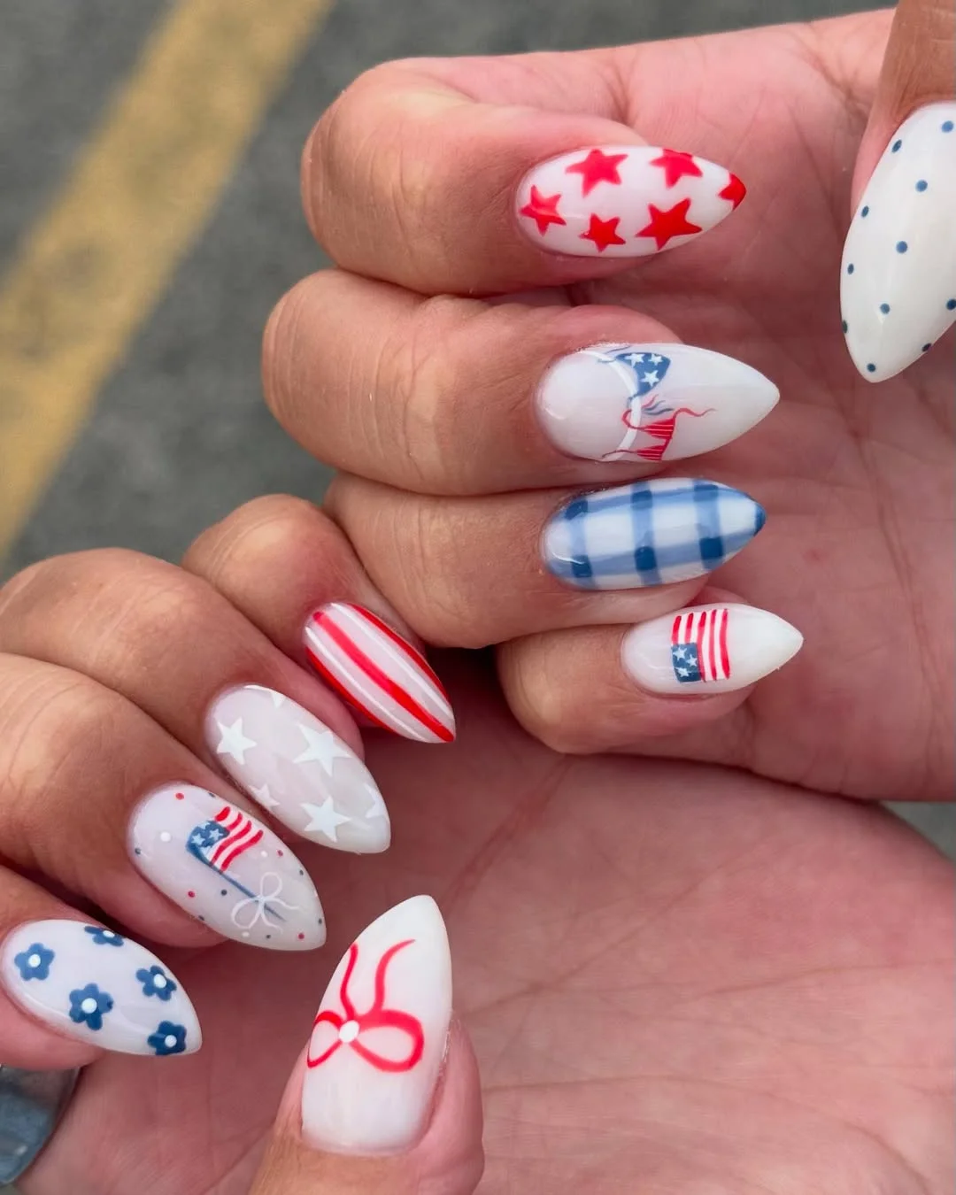 4th of july nails 2026 + Playful Americana Almond Nails with Picnic Charm