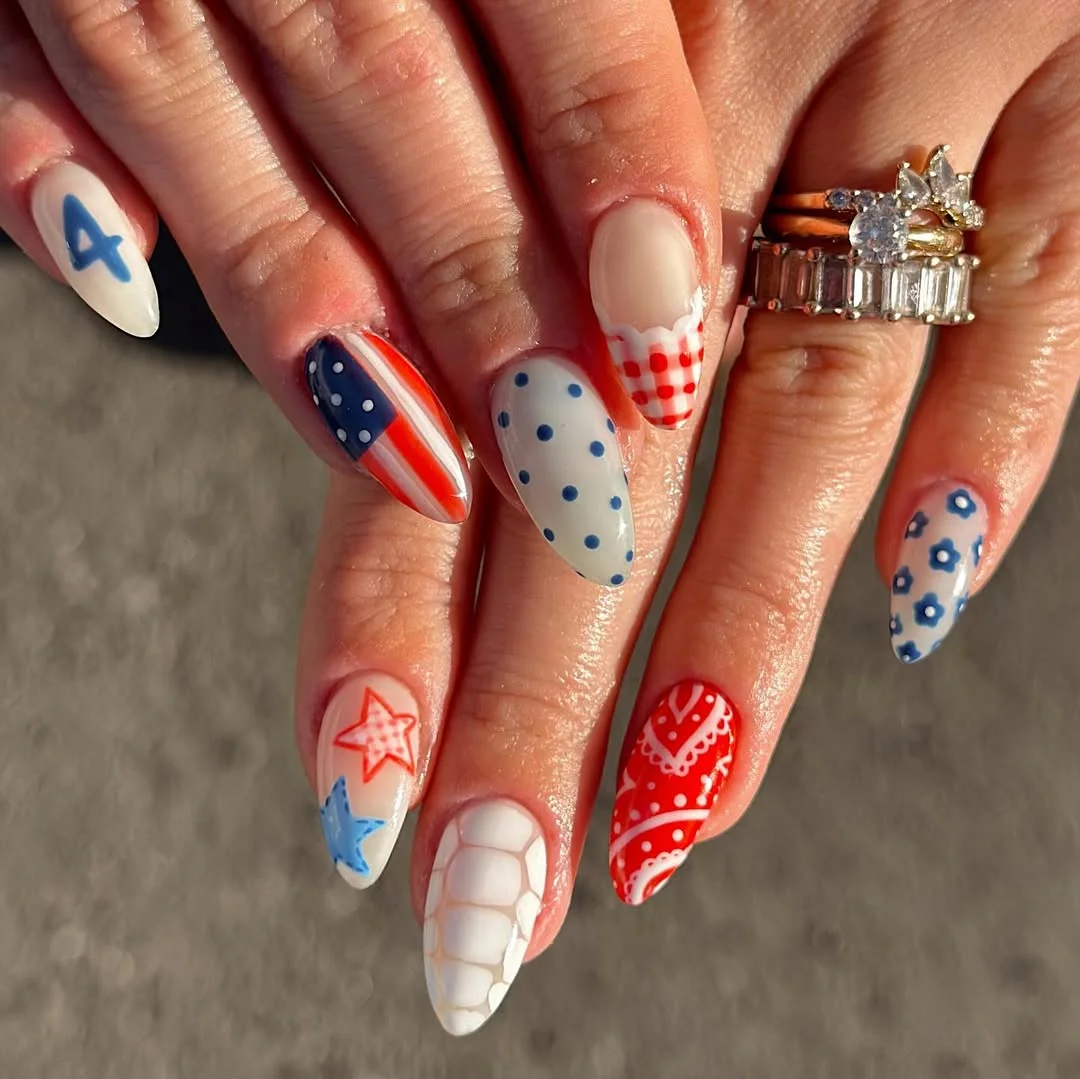 4th of july nails 2026 + Western Picnic Almond Nails with Bandana Details