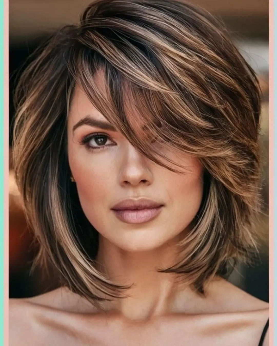 angled summer haircut for round face 2026 + Highlighted Angled Bob With Side Bangs and Lifted Texture