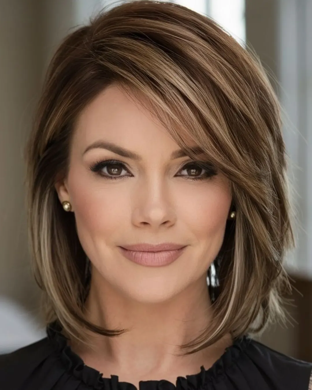 angled summer haircut for round face 2026 + Soft Side-Parted Bob for a Clean and Polished Summer Finish
