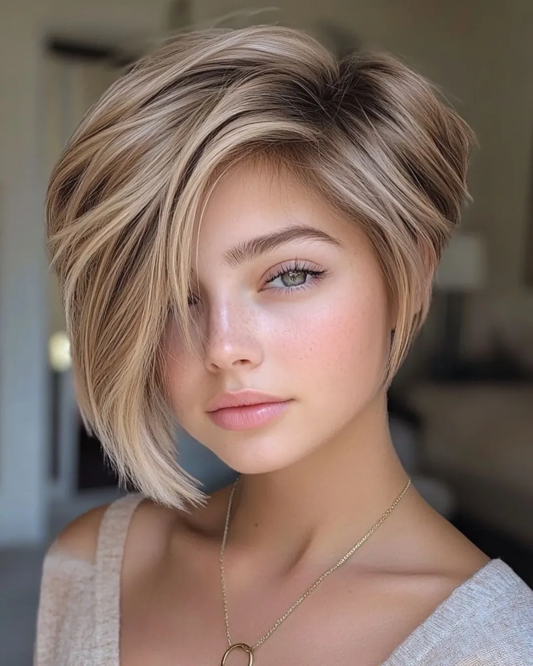 angled summer haircut for round face 2026 + Honey Blonde Side-Swept Crop With Long Front Length