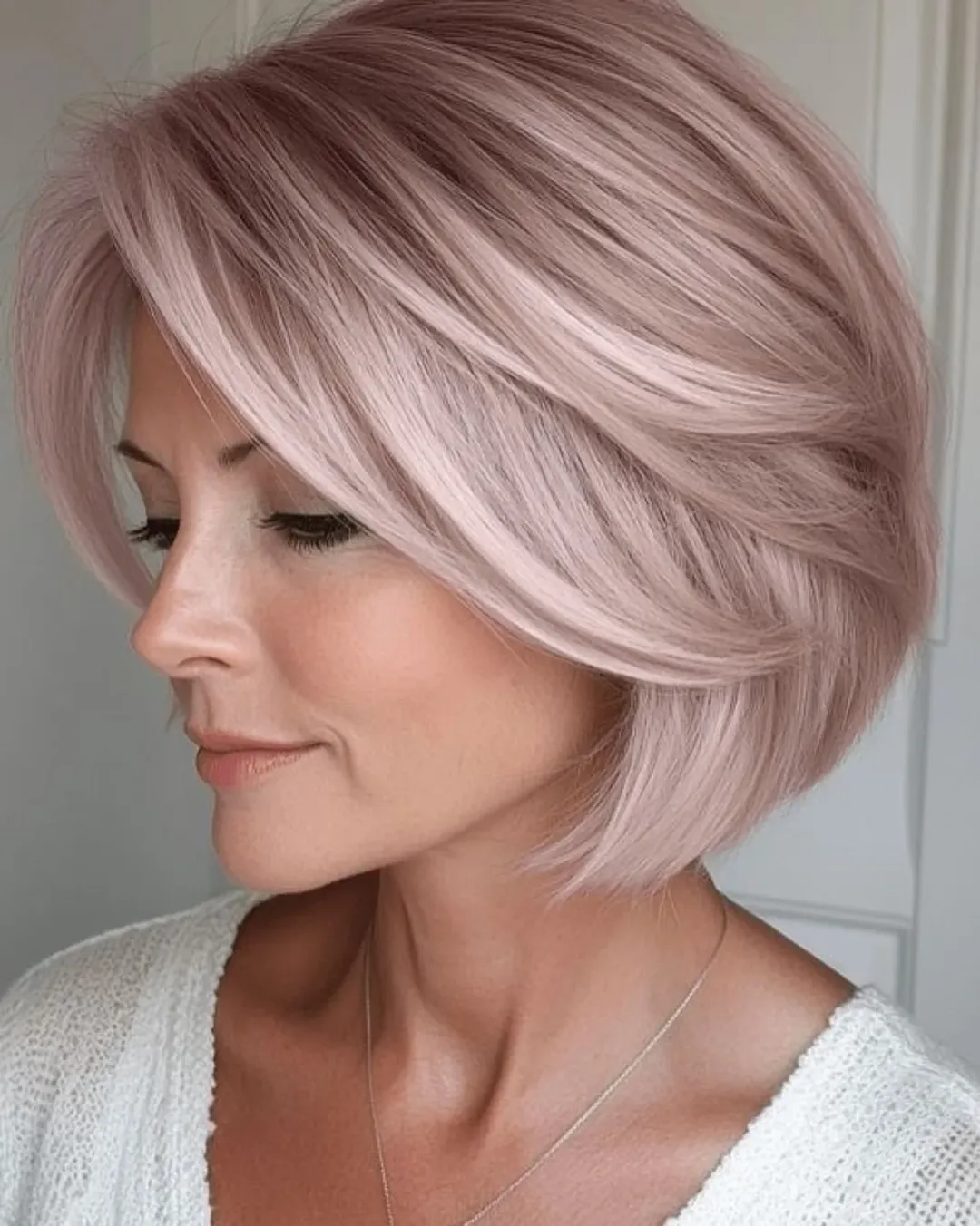 angled summer haircut for round face 2026 + Blush Blonde Layered Bob With a Soft Side Sweep