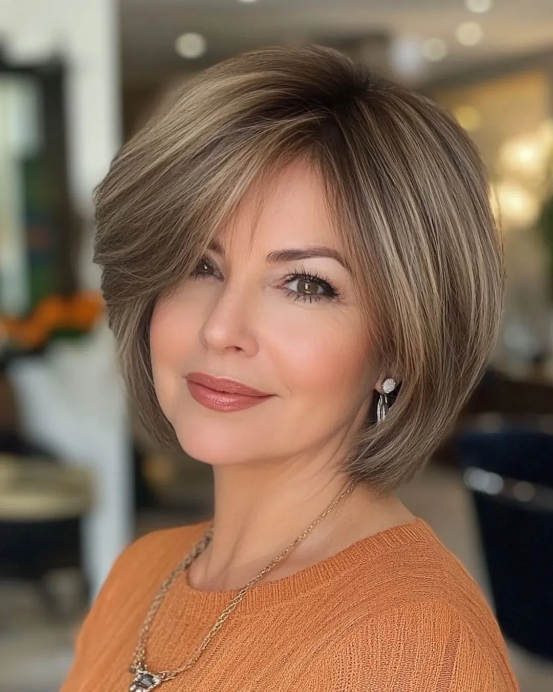 angled summer haircut for round face 2026 + Soft Taupe Stacked Bob With Elegant Face Framing