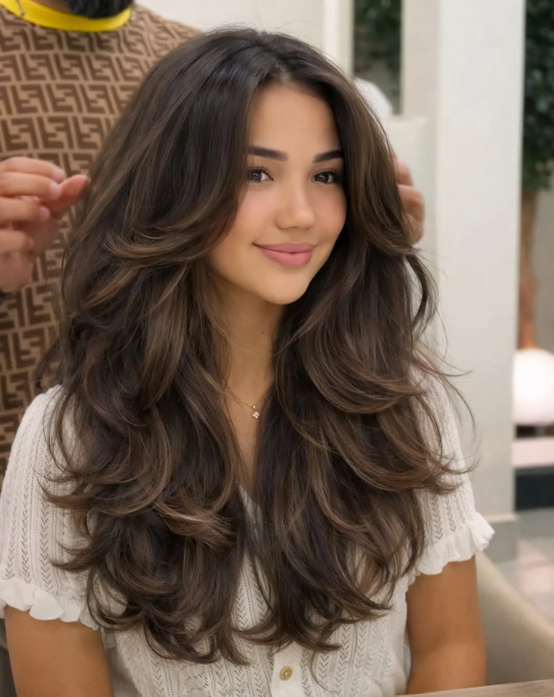 angled summer haircut for round face 2026 + Voluminous Long Layers With Floating Face Framing