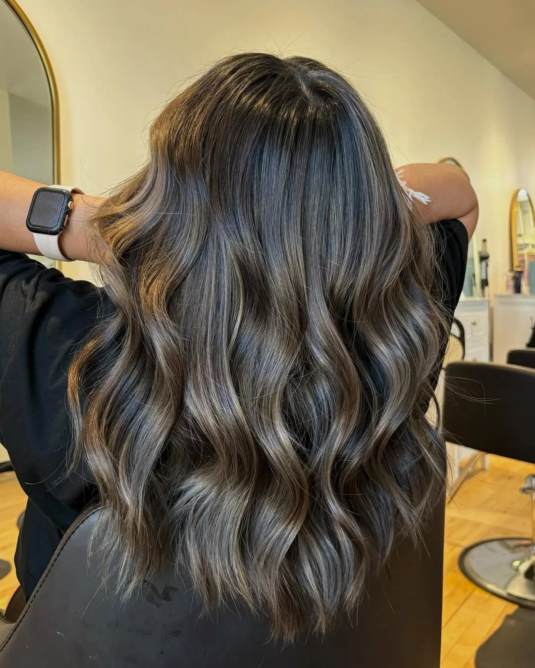 ashy summer mushroom brown hair color 2026 + Smoky Charcoal Mushroom Waves with Glossy Depth