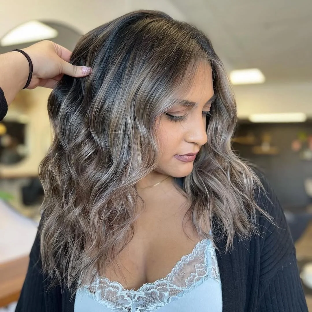 ashy summer mushroom brown hair color 2026 + Silver Taupe Balayage with a Bright Face Framing Sweep