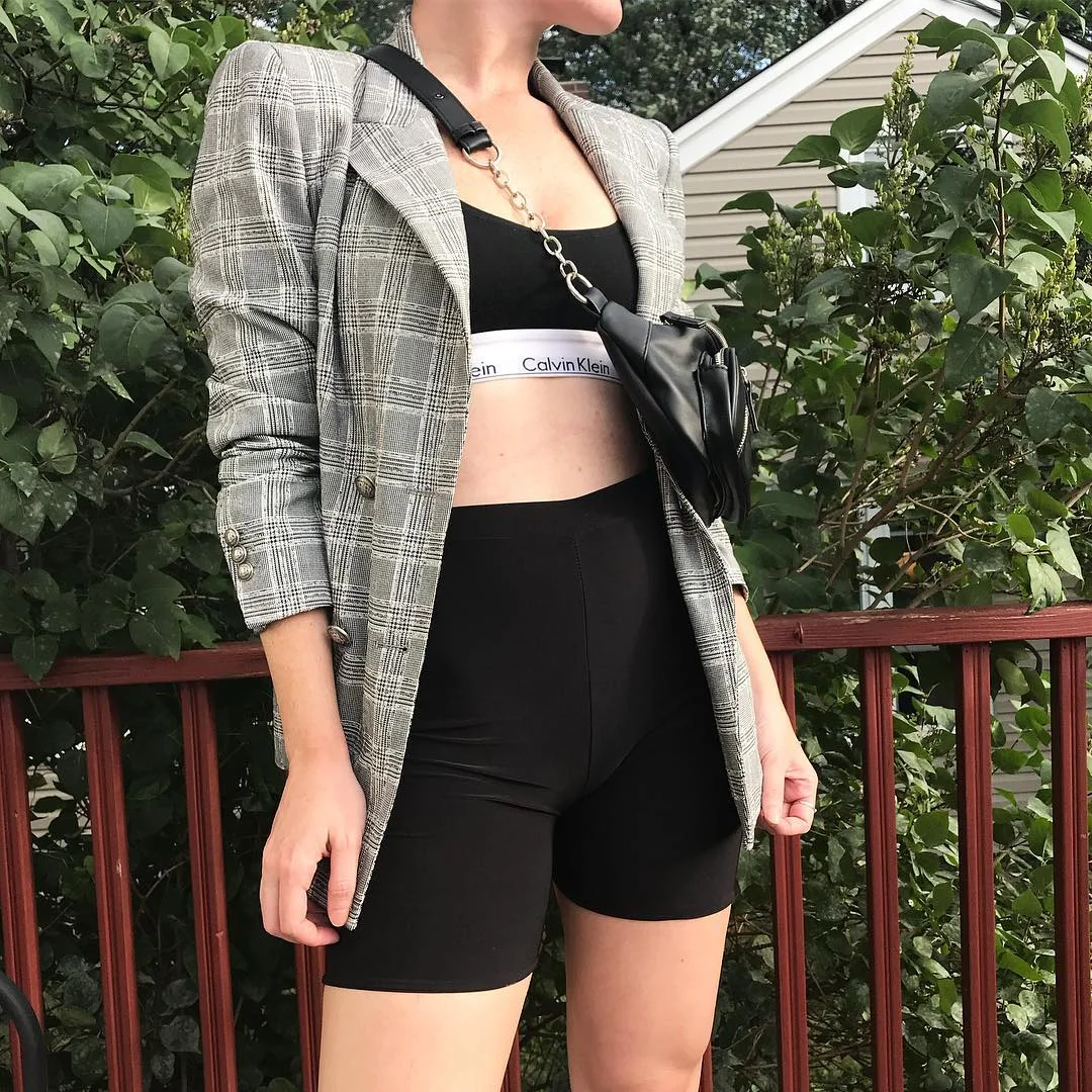biker shorts outfits summer 2026 Plaid Blazer Over Black Biker Shorts For Sporty Tailoring