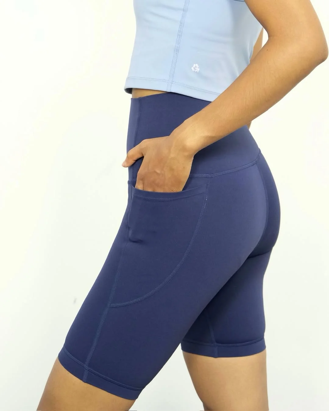 biker shorts outfits summer 2026 Navy Pocket Biker Shorts With A Soft Blue Sport Top