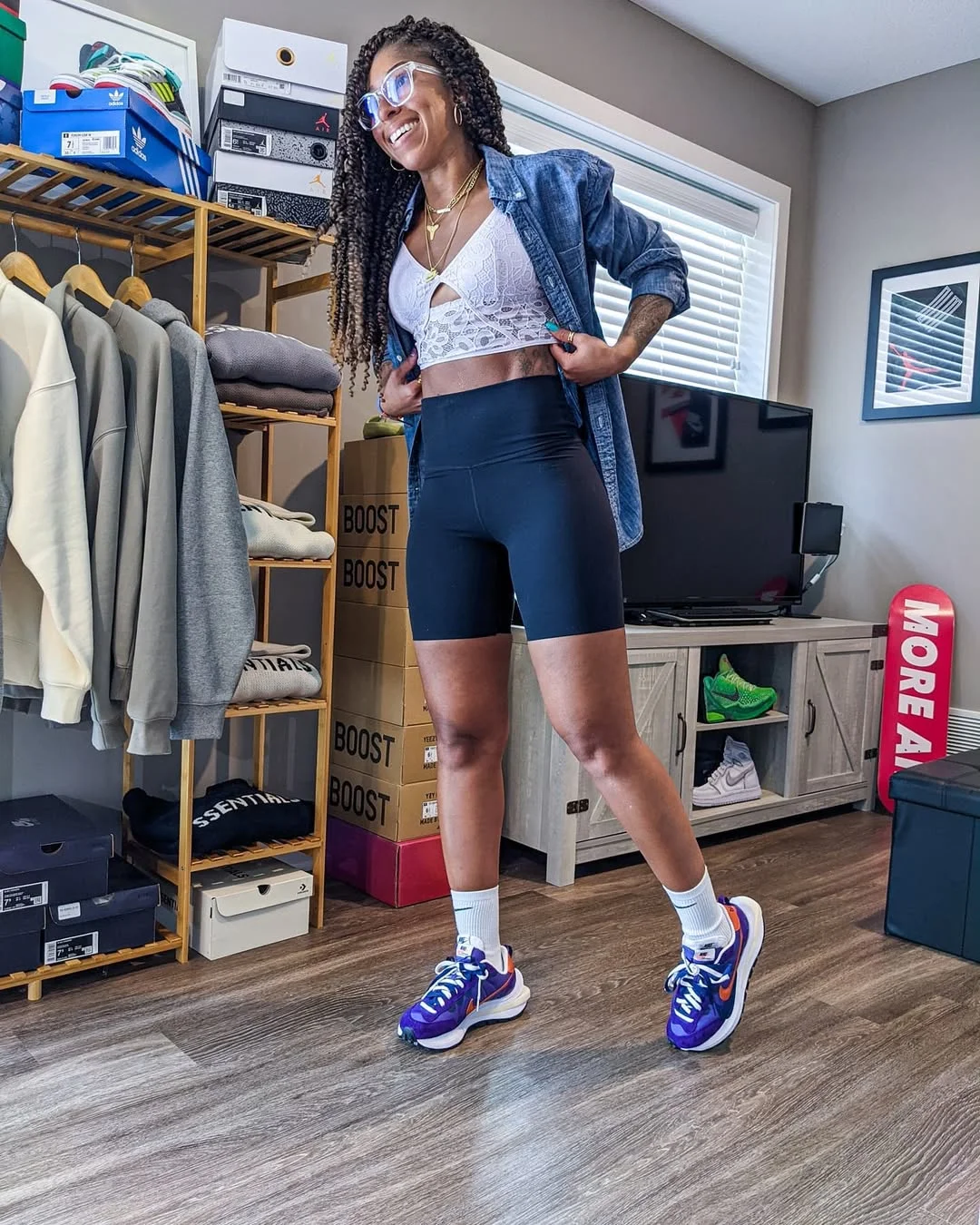 biker shorts outfits summer 2026 Denim Shirt And Lace Bralette With Black Biker Shorts