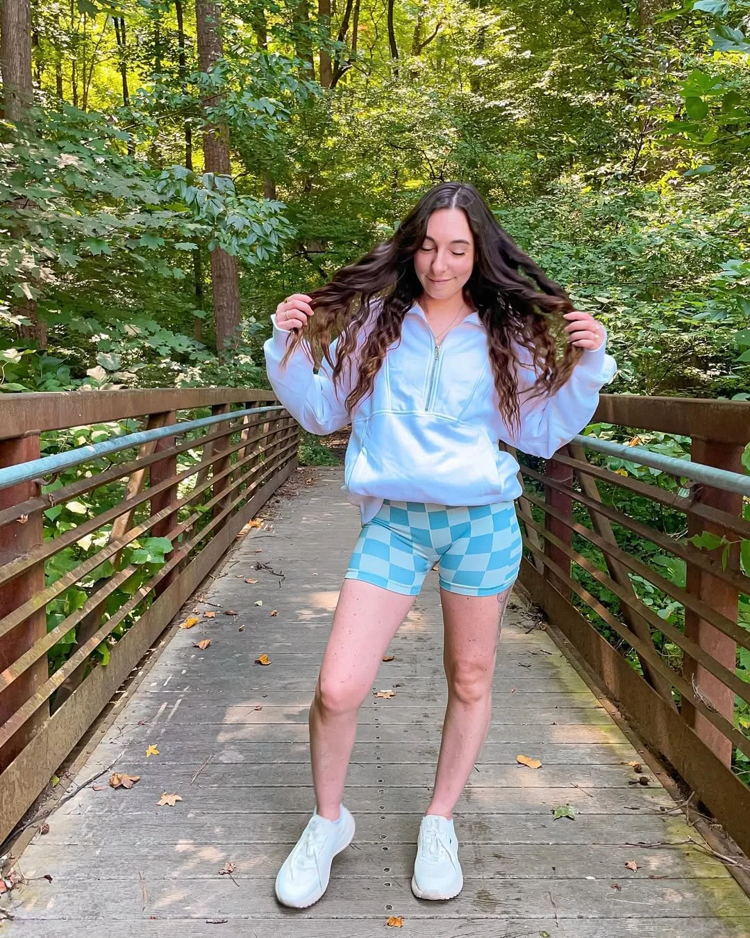 biker shorts outfits summer 2026 Blue Checker Biker Shorts With A Soft Half-Zip Hoodie