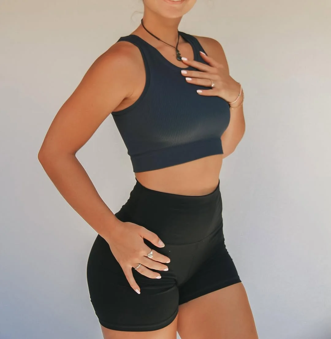 biker shorts outfits summer 2026 Minimal Black Ribbed Crop Top With High-Waisted Biker Shorts