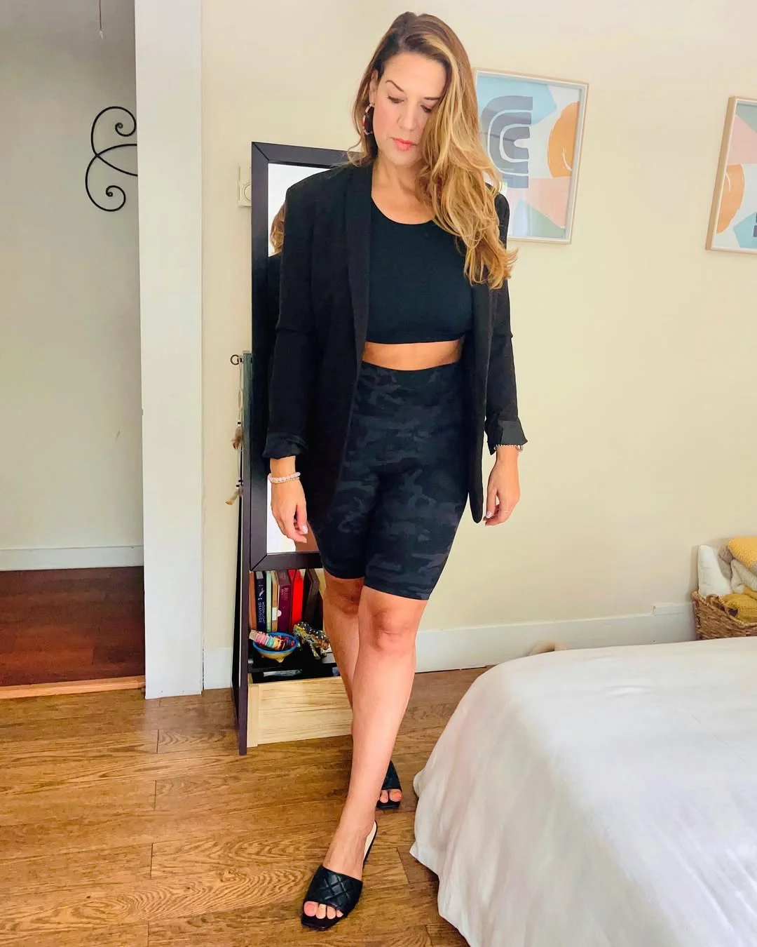 biker shorts outfits summer 2026 Black Blazer And Biker Shorts For A Soft Dress-Up Moment