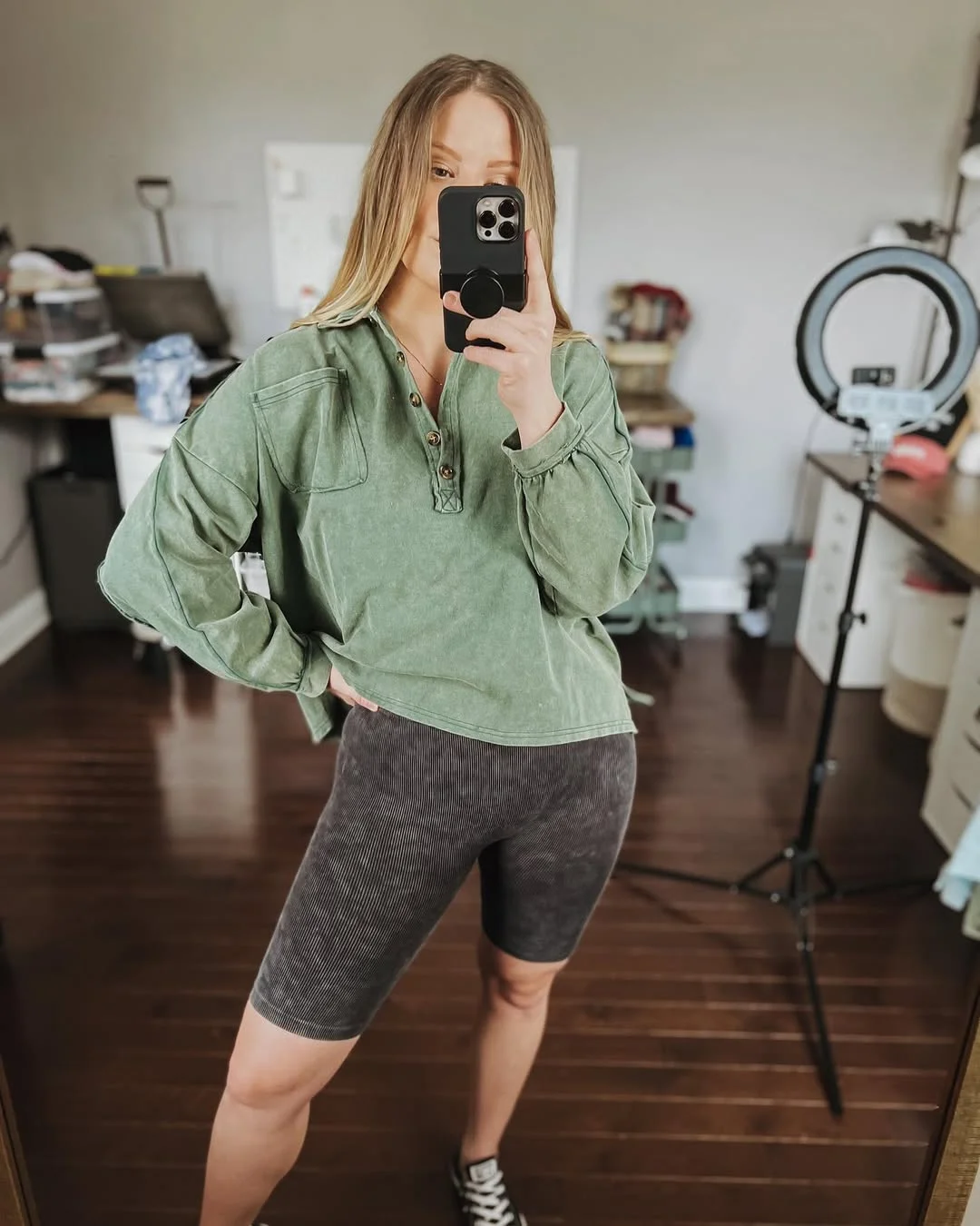 biker shorts outfits summer 2026 Washed Green Pullover With Brown Ribbed Biker Shorts