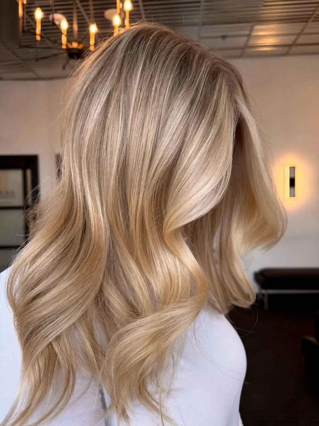 bright summer blonde hair color 2026 + Champagne Blonde Ribbons With a Soft Root Glow