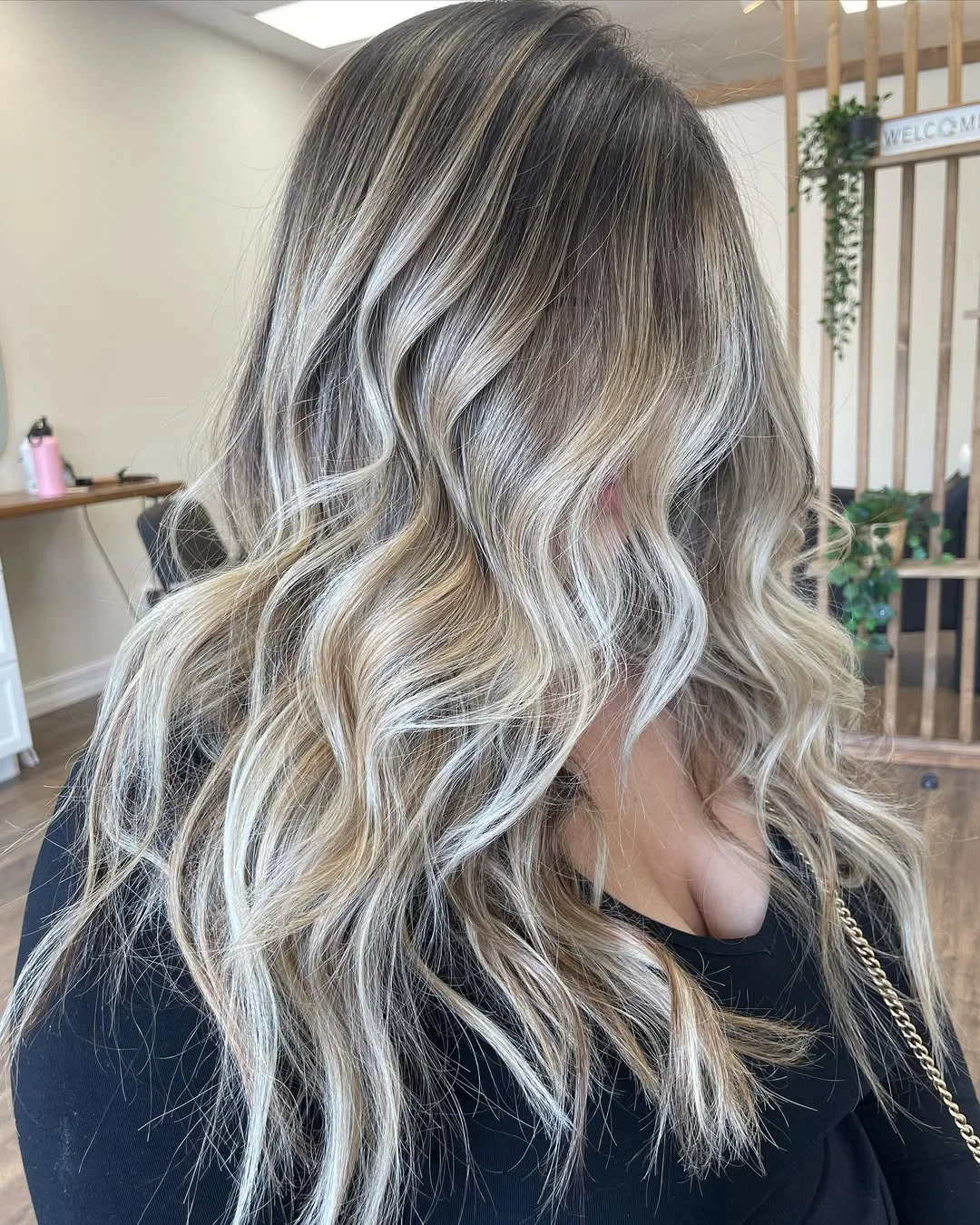 bright summer blonde hair color 2026 + High Contrast Blonde Ribbons With Cool Root Depth