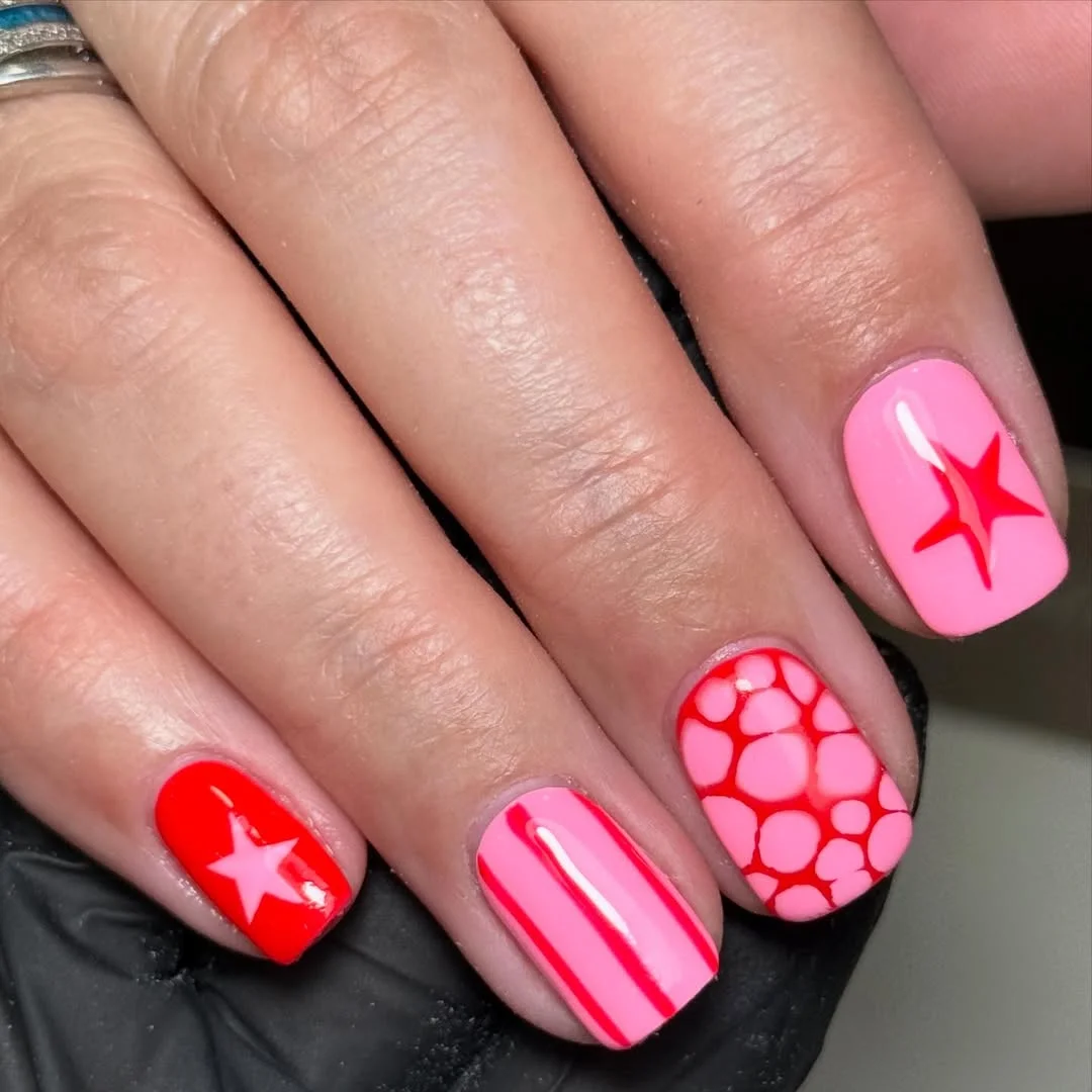 bright summer nails 2026 + Hot Pink Star and Stripe Short Square Nails