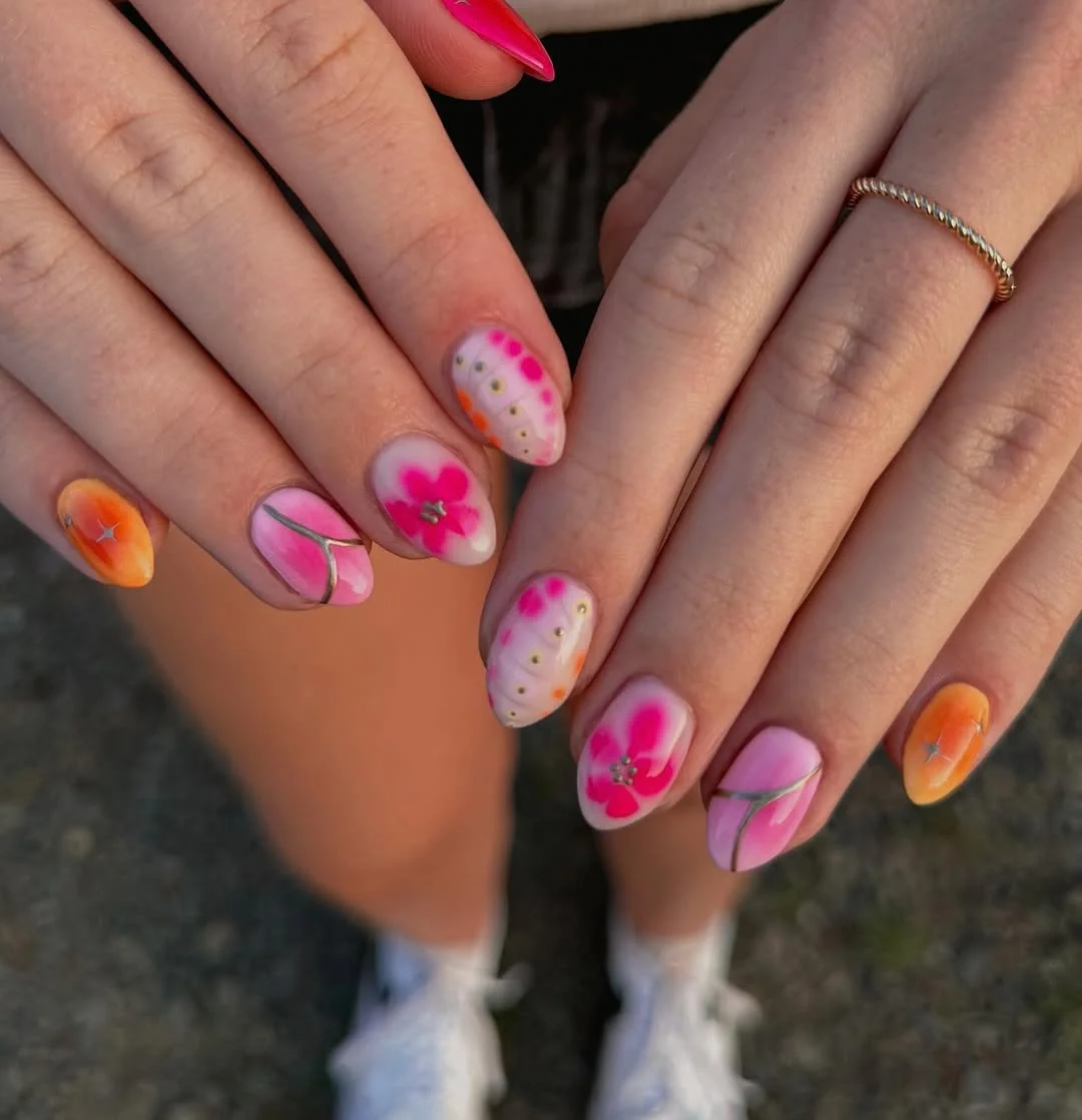 bright summer nails 2026 + Soft Blossom Almond Nails With Sunset Details
