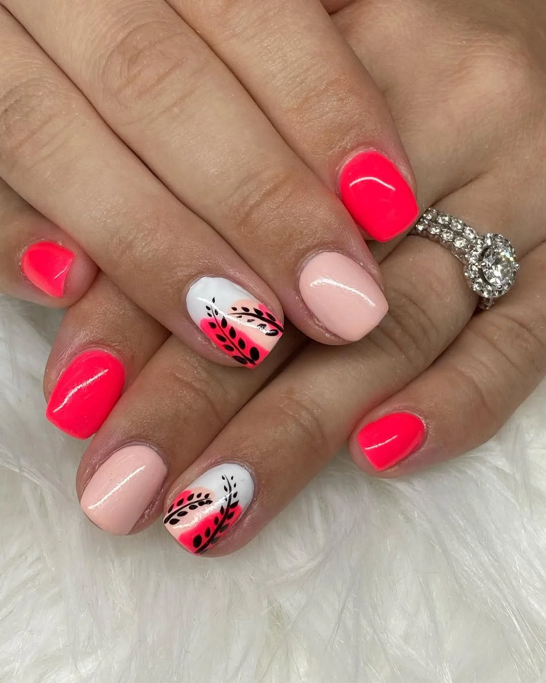 bright summer nails 2026 + Neon Pink Leaf Accent Short Square Nails