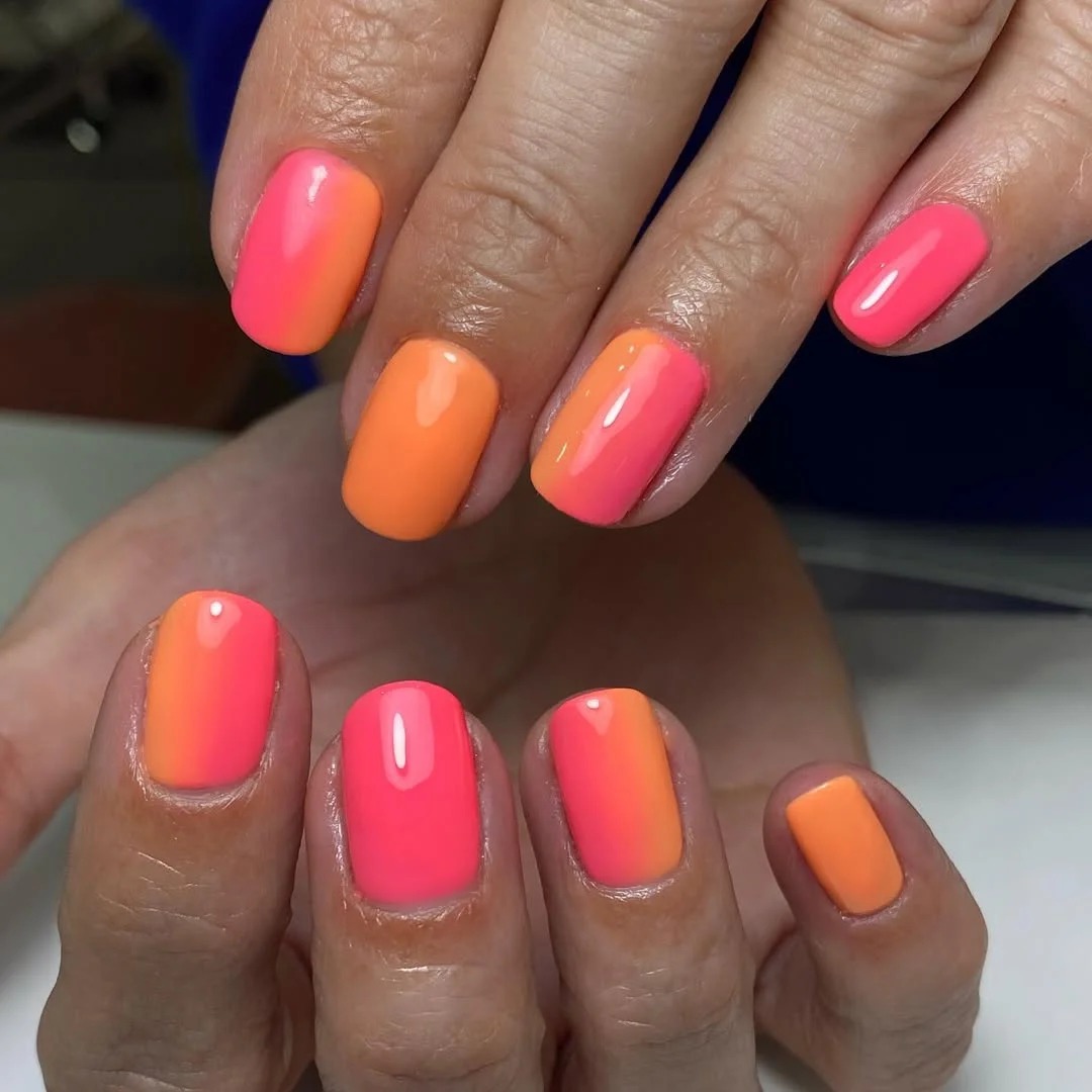 bright summer nails 2026 + Coral and Pink Sunset Ombre Short Nails