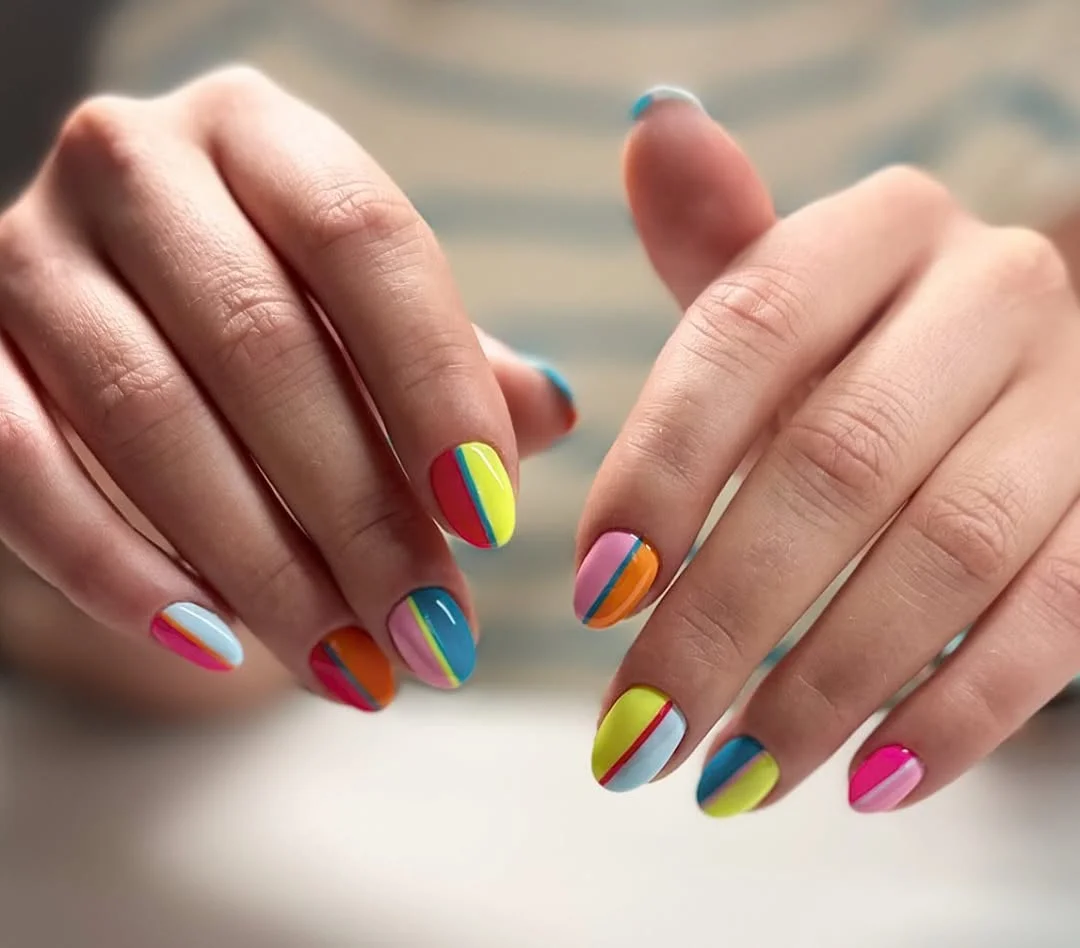 bright summer nails 2026 + Rainbow Color Block Nails With Fine Stripes