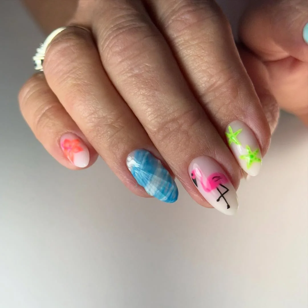 bright summer nails 2026 + Tropical Vacation Almond Nails With Flamingo Art