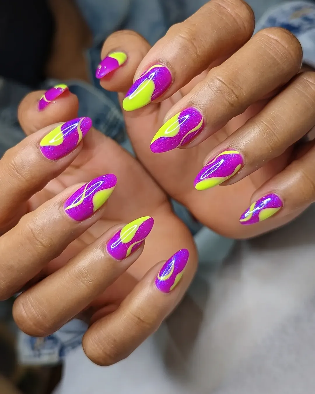 bright summer nails 2026 + Neon Magenta and Lime Almond Swirls