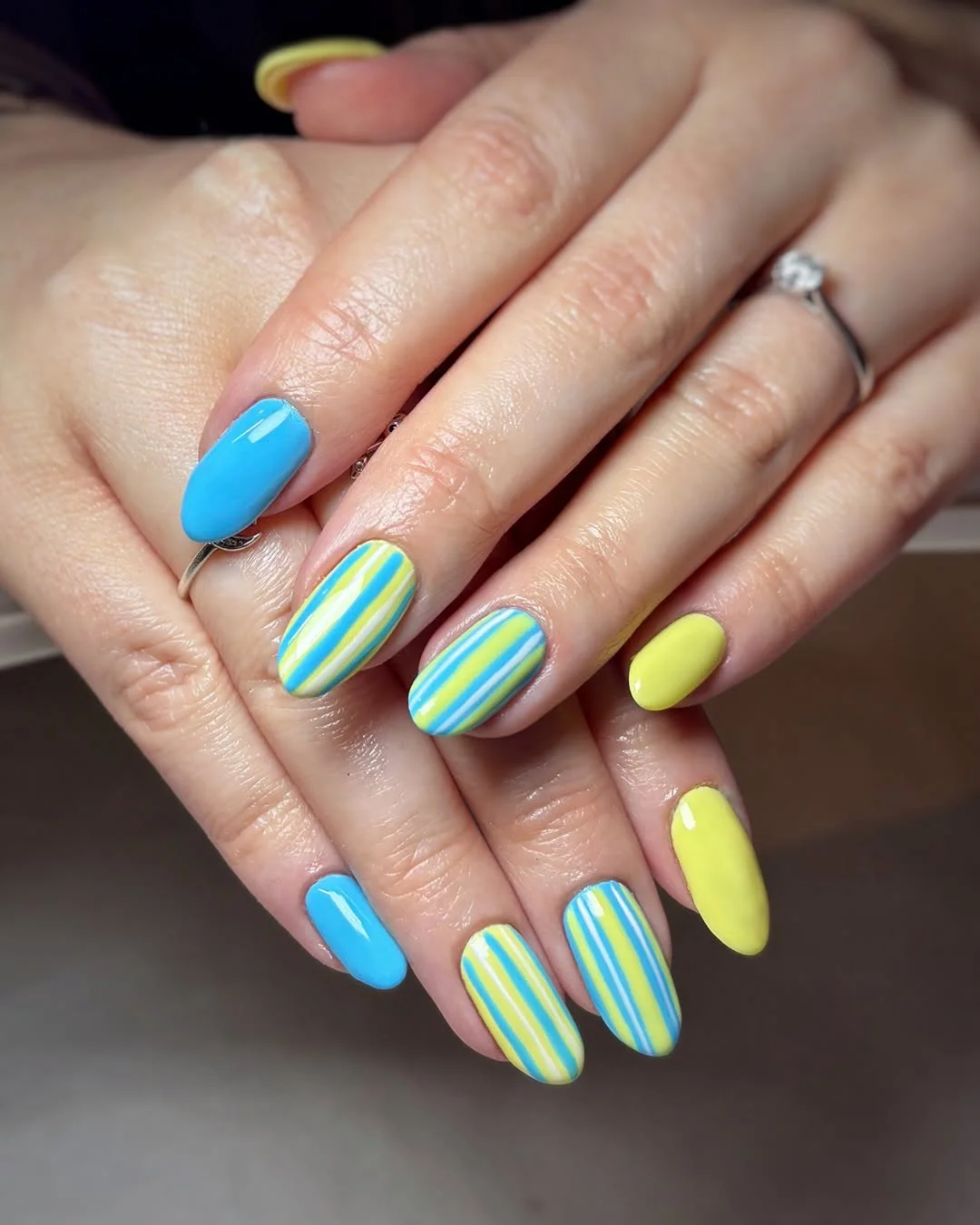 bright summer nails 2026 + Lemon and Blue Striped Almond Nails