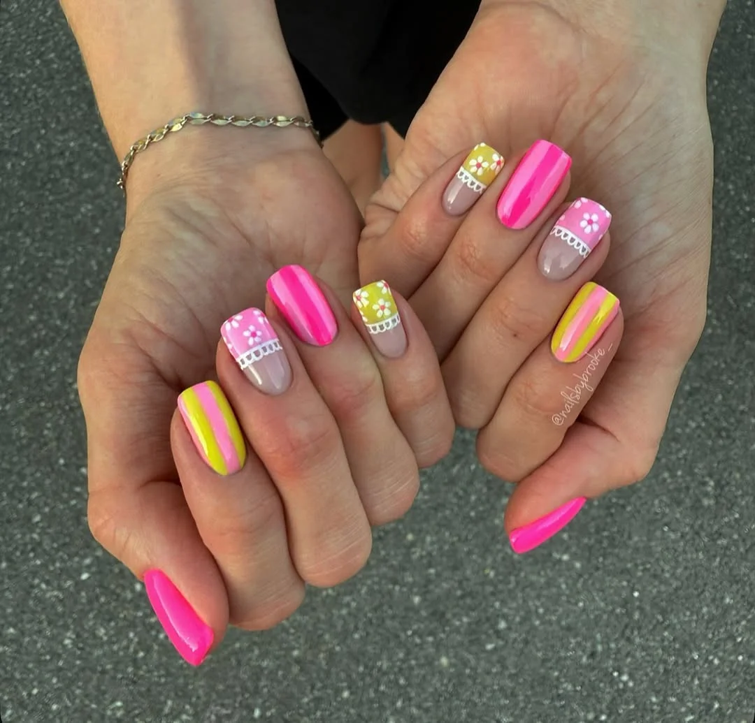 bright summer nails 2026 + Pink Lemonade Coffin Nails With Daisy Tips