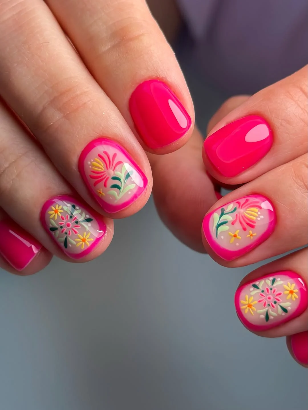 bright summer nails 2026 + Hot Pink Floral Frame Short Nails