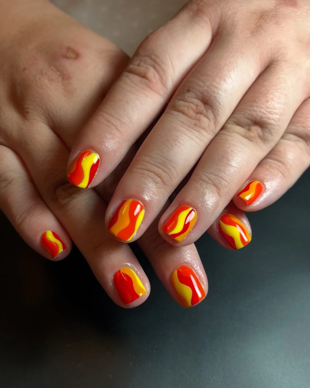 bright summer nails 2026 + Citrus Flame Short Nails in Orange and Yellow
