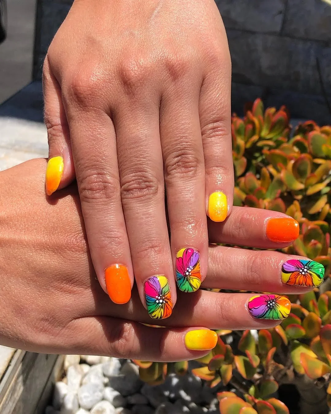 bright summer nails 2026 + Tropical Hibiscus Nails With Sunset Color