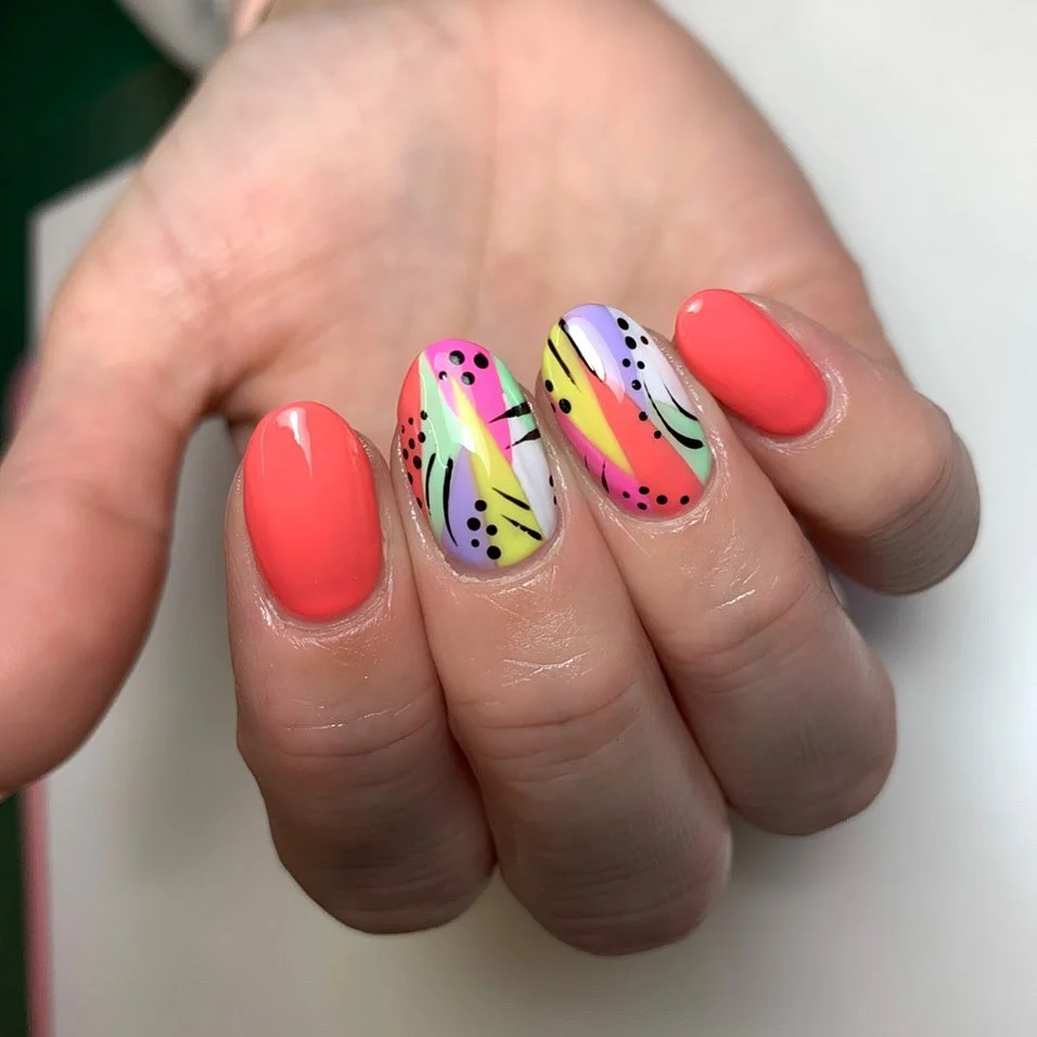 bright summer nails 2026 + Coral Sunset Nails With Tropical Abstract Accents
