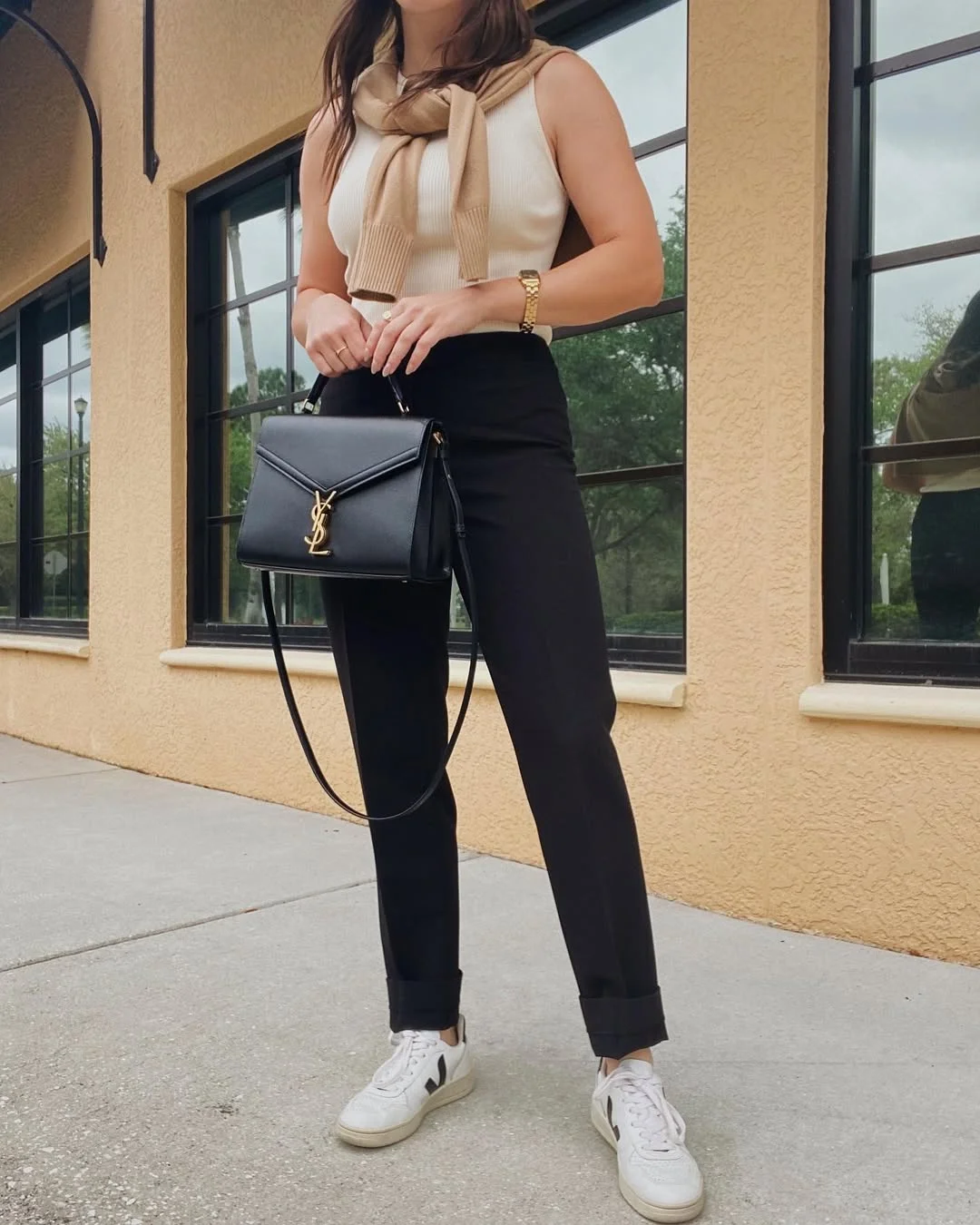 casual friday summer outfits with sneakers 2026 Cream Knit Top With Black Trousers And White Sneakers