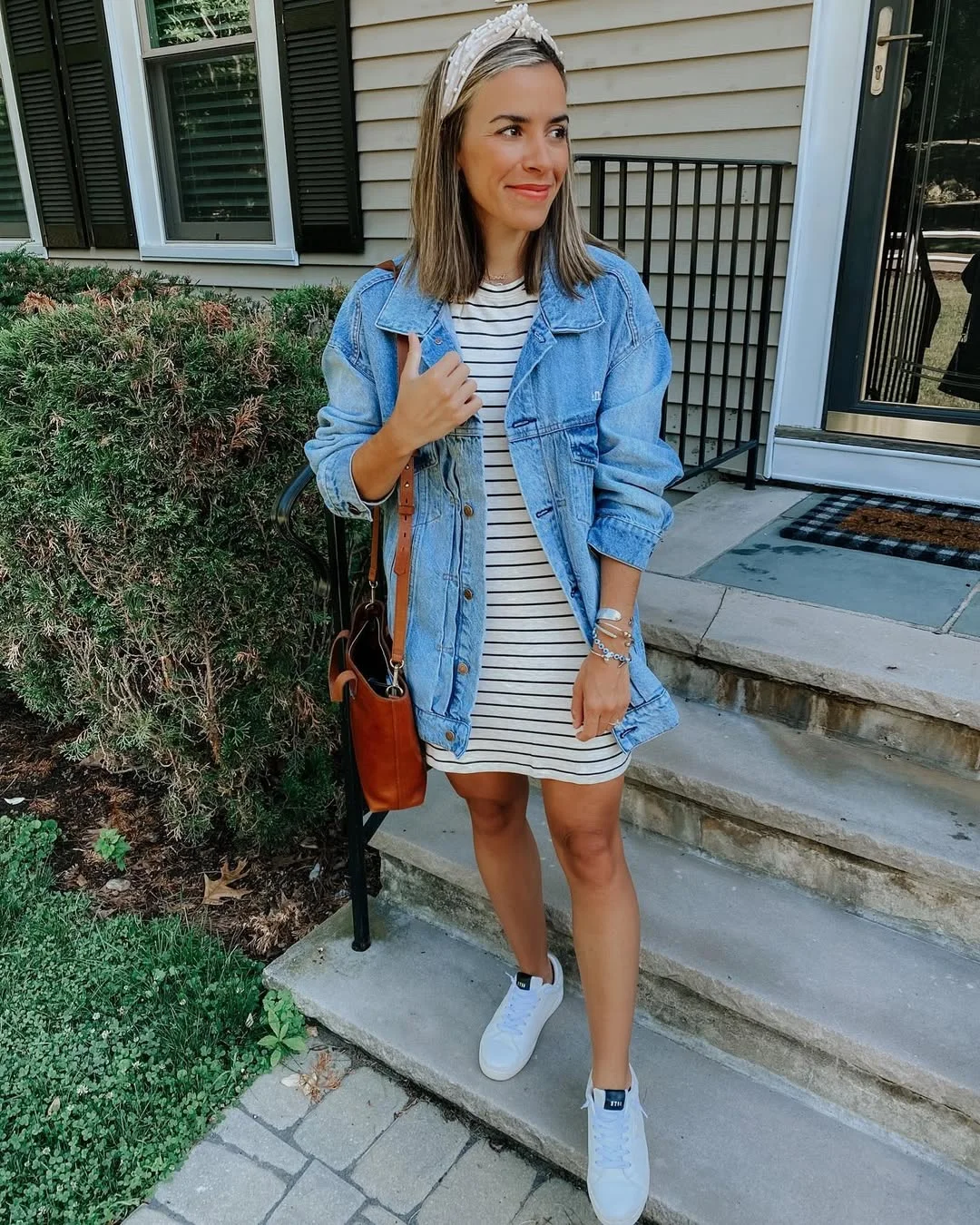 casual friday summer outfits with sneakers 2026 Striped Mini Dress With Denim Jacket And White Sneakers