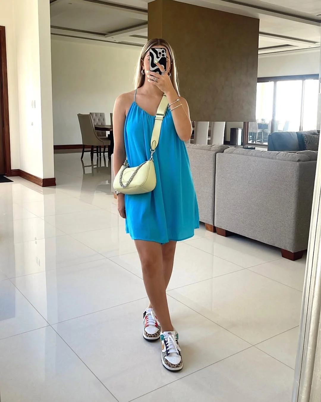 casual friday summer outfits with sneakers 2026 Aqua Mini Dress With Statement Sneakers